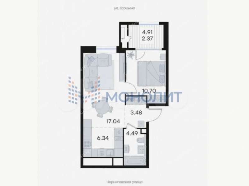 однокомнатная квартира в новостройке на улице Гаршина