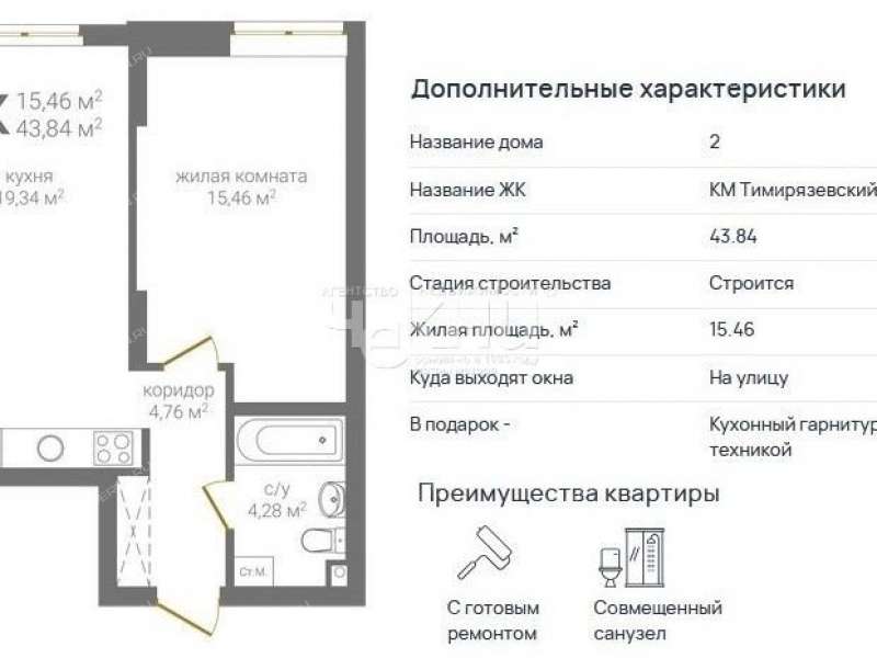 однокомнатная квартира в новостройке на 2-й Оранжерейной улице
